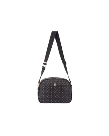 Geanta crossbody de piele ecologica cu model si bareta cu logo, Negru