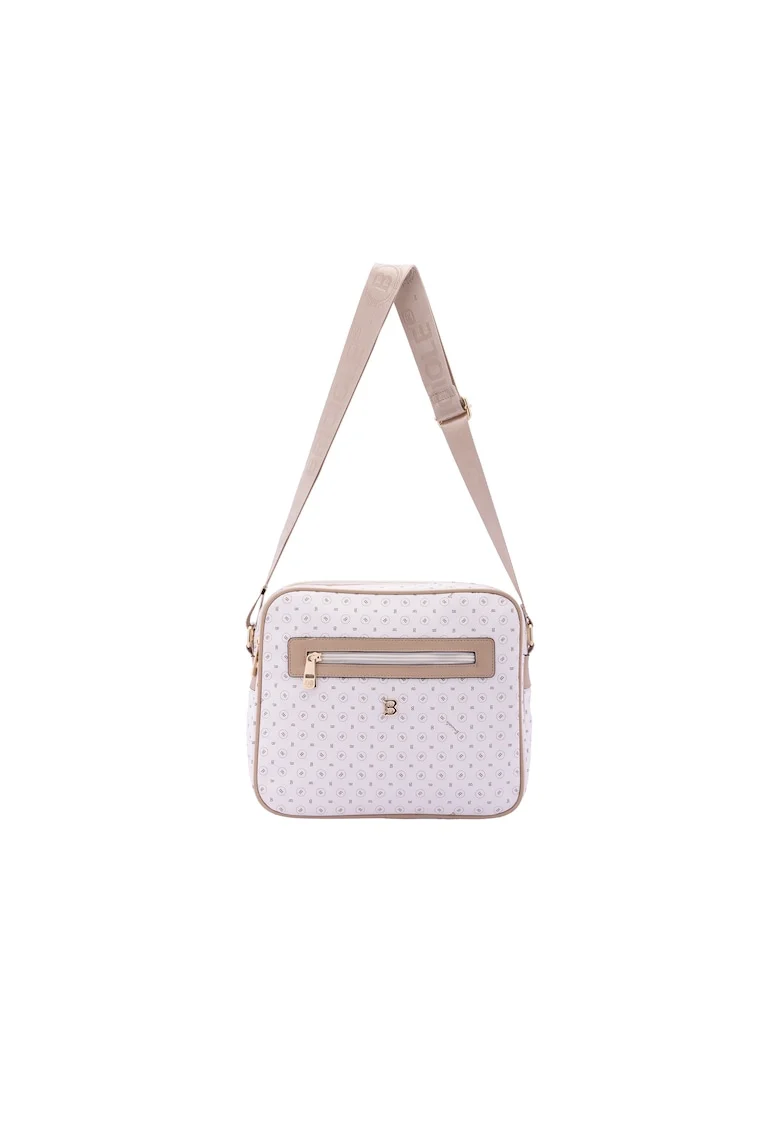 Geanta crossbody de piele ecologica cu model si bareta cu logo, Bej