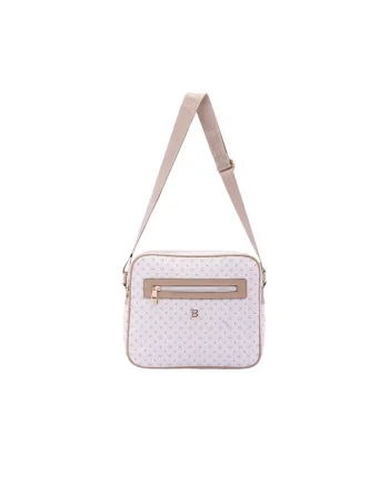 Geanta crossbody de piele ecologica cu model si bareta cu logo, Bej
