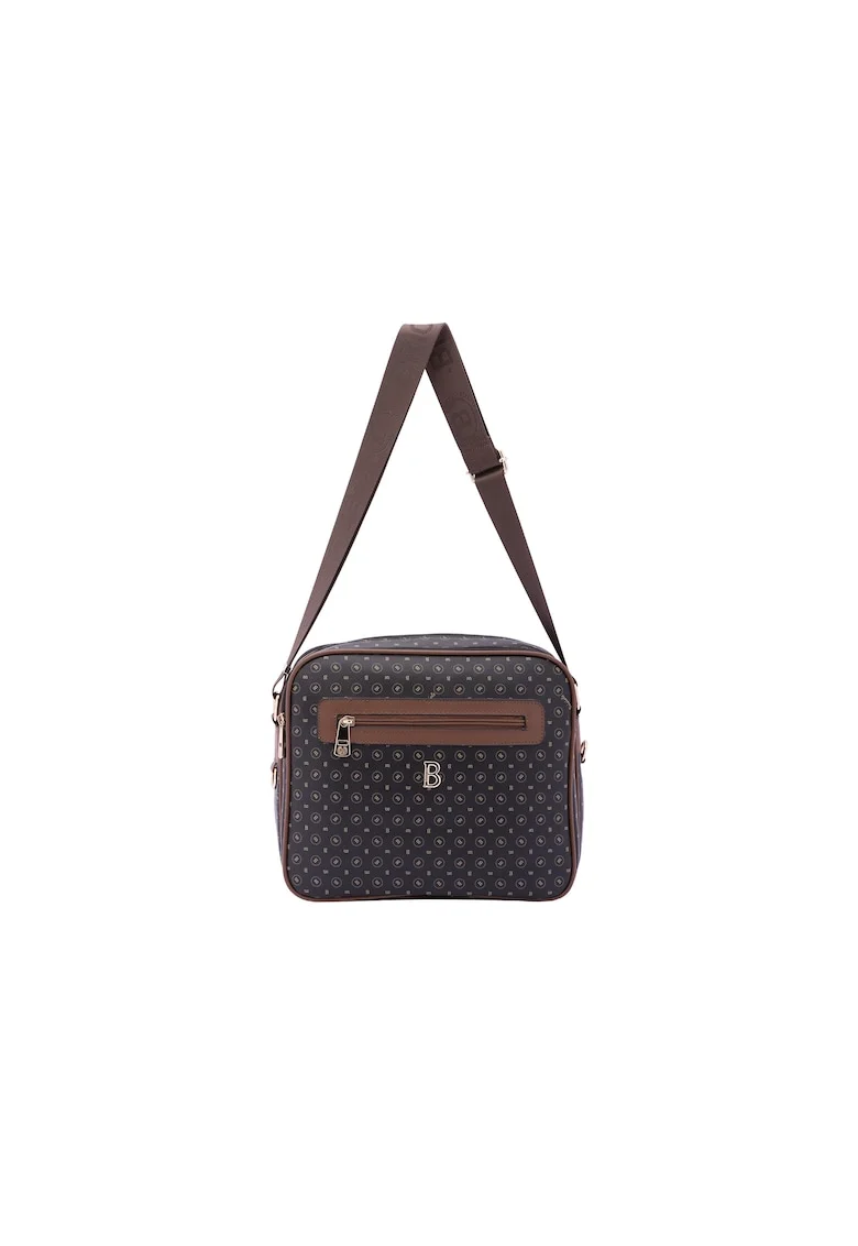 Geanta crossbody de piele ecologica cu model si bareta cu logo, Negru/Maro