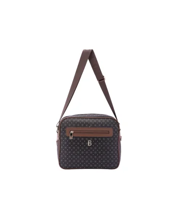 Geanta crossbody de piele ecologica cu model si bareta cu logo, Negru/Maro