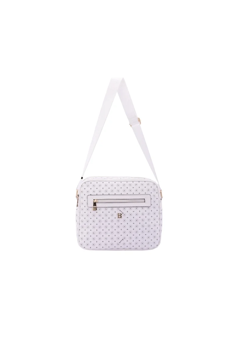Geanta crossbody de piele ecologica cu model si bareta cu logo, Alb