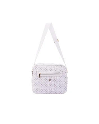 Geanta crossbody de piele ecologica cu model si bareta cu logo, Alb