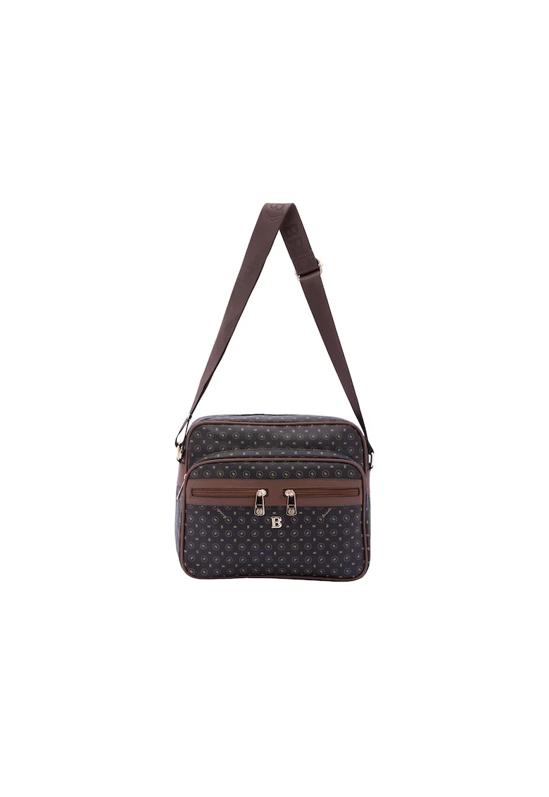 Geanta crossbody de piele ecologica cu model si buzunare multiple, Negru/Maro