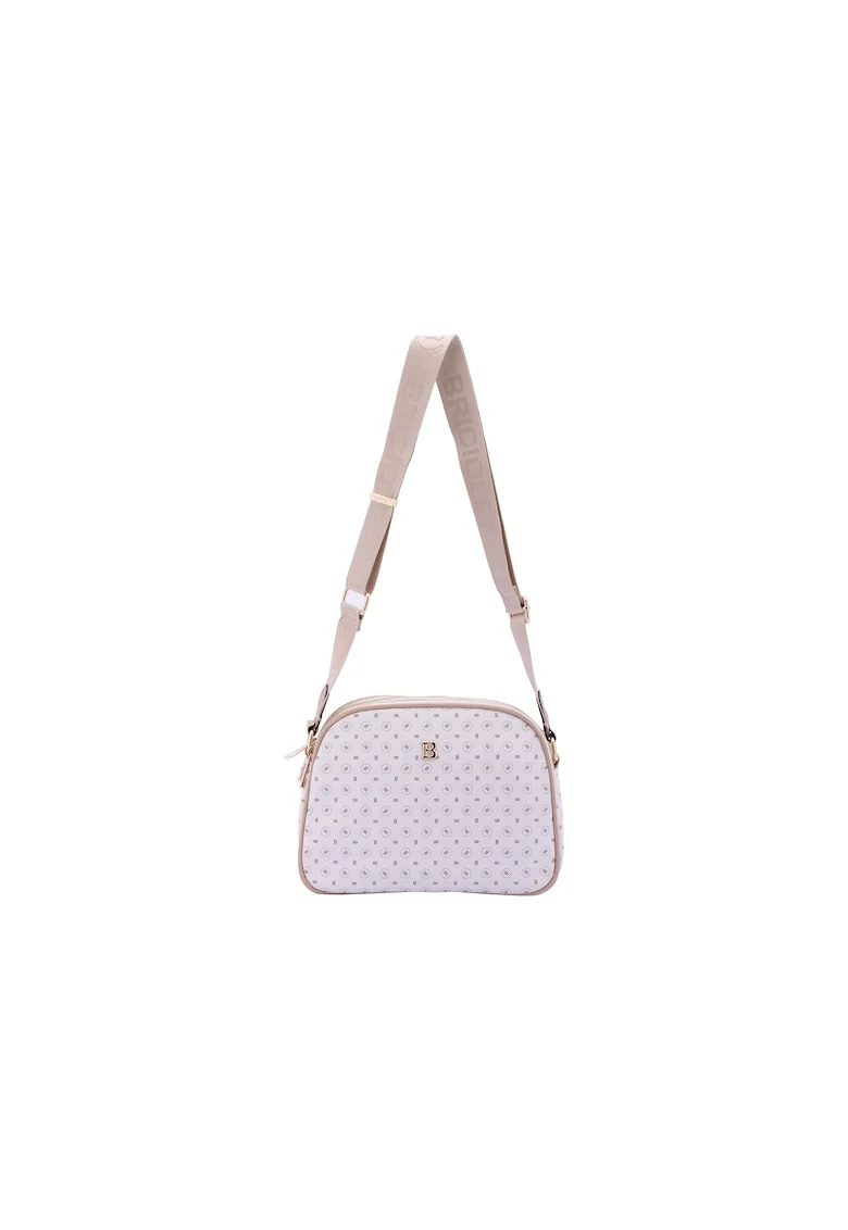 Geanta crossbody de piele ecologica cu model si bareta cu logo, Bej