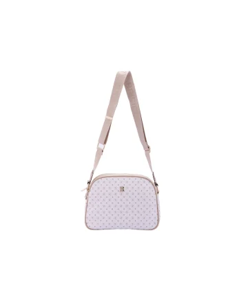 Geanta crossbody de piele ecologica cu model si bareta cu logo, Bej