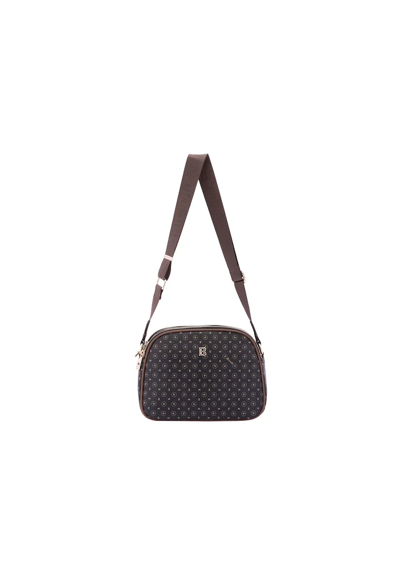 Geanta crossbody de piele ecologica cu model si bareta cu logo, Negru/Maro
