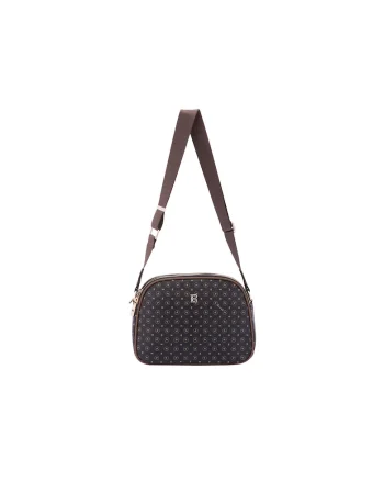 Geanta crossbody de piele ecologica cu model si bareta cu logo, Negru/Maro