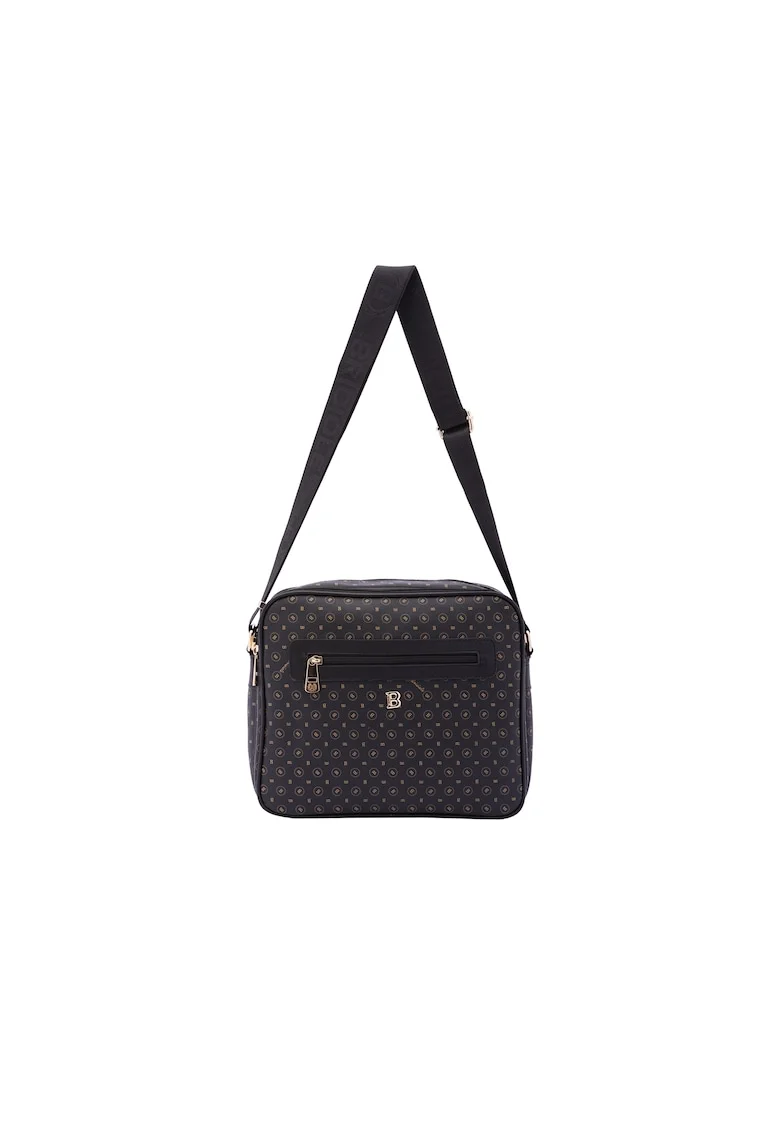 Geanta crossbody de piele ecologica cu model si bareta cu logo, Negru