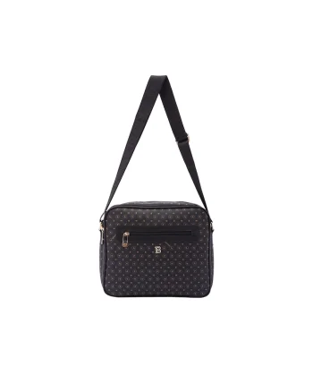 Geanta crossbody de piele ecologica cu model si bareta cu logo, Negru