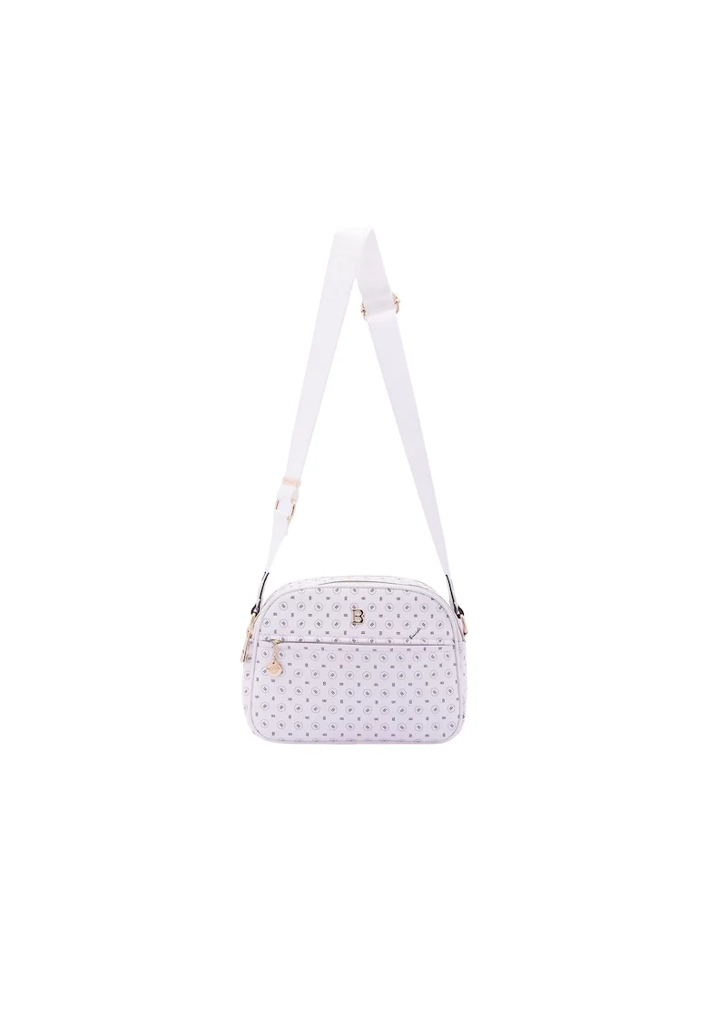 Geanta crossbody de piele ecologica cu model si bareta cu logo, Alb