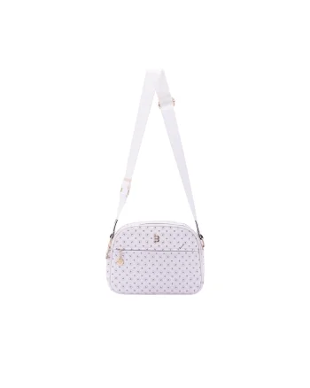 Geanta crossbody de piele ecologica cu model si bareta cu logo, Alb