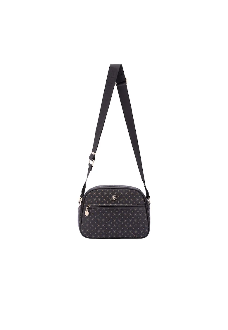 Geanta crossbody de piele ecologica cu model si bareta cu logo, Negru