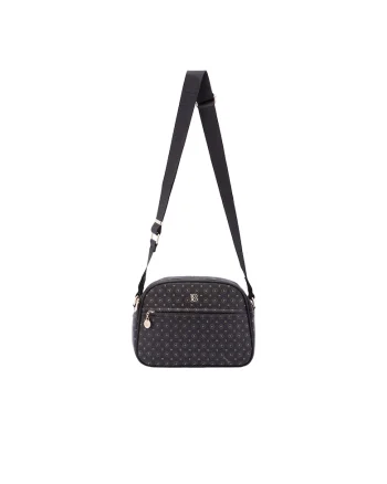 Geanta crossbody de piele ecologica cu model si bareta cu logo, Negru