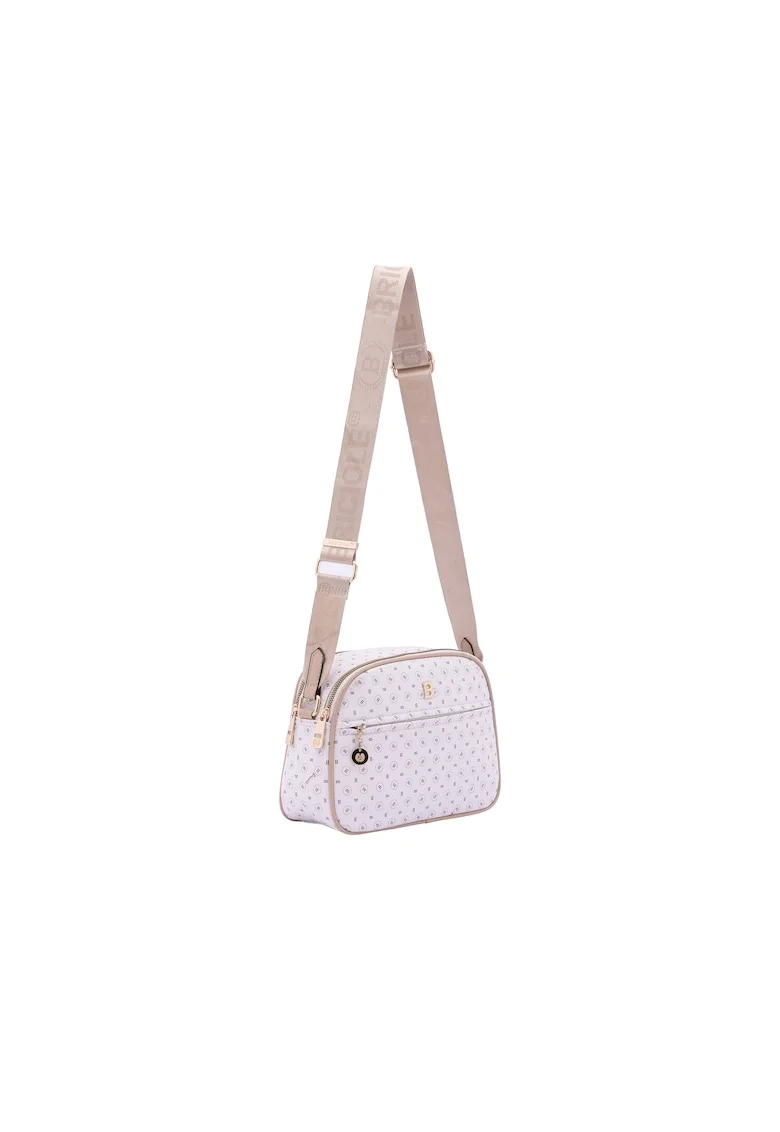 Geanta crossbody de piele ecologica cu model si bareta cu logo, Bej