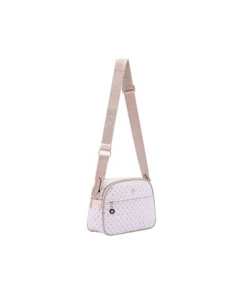 Geanta crossbody de piele ecologica cu model si bareta cu logo, Bej