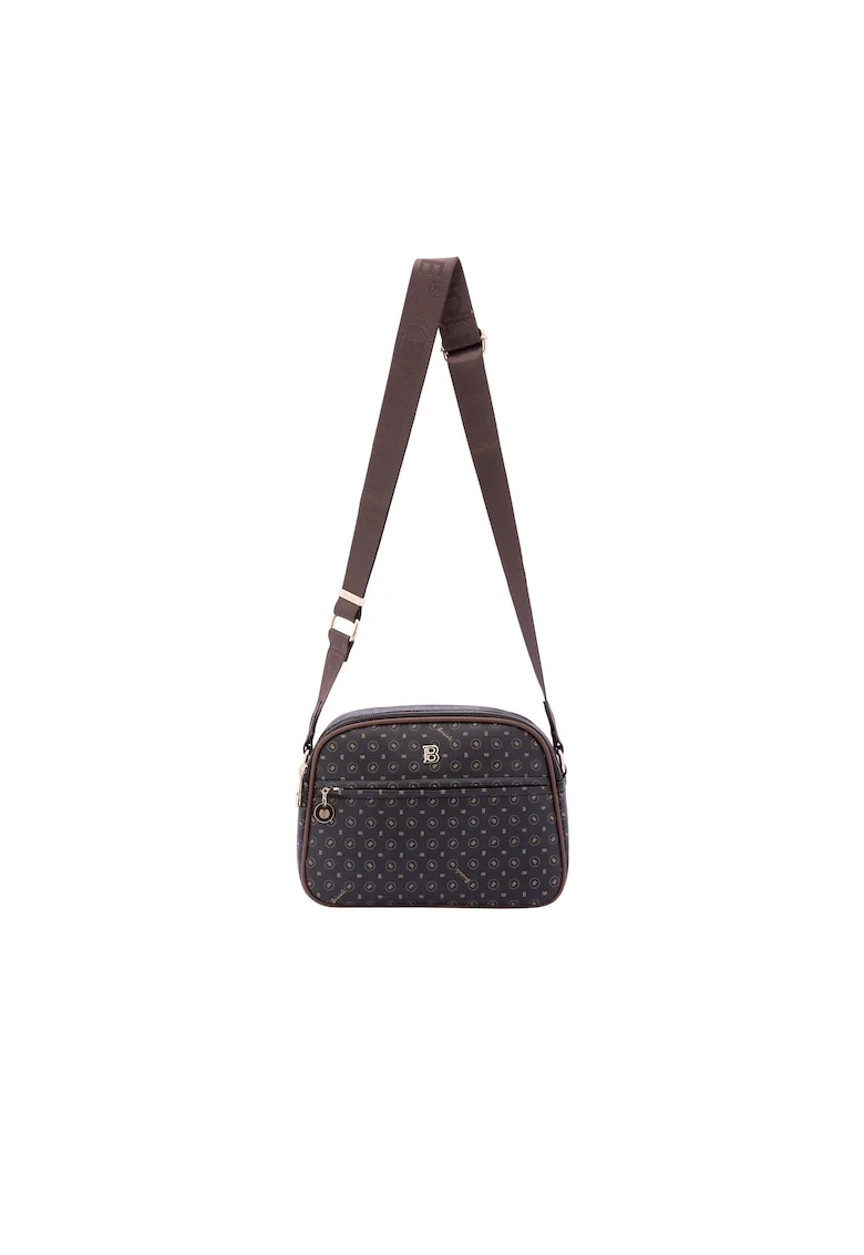 Geanta crossbody de piele ecologica cu model si bareta cu logo, Negru/Maro