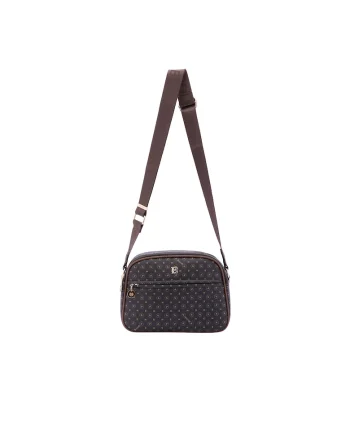 Geanta crossbody de piele ecologica cu model si bareta cu logo, Negru/Maro