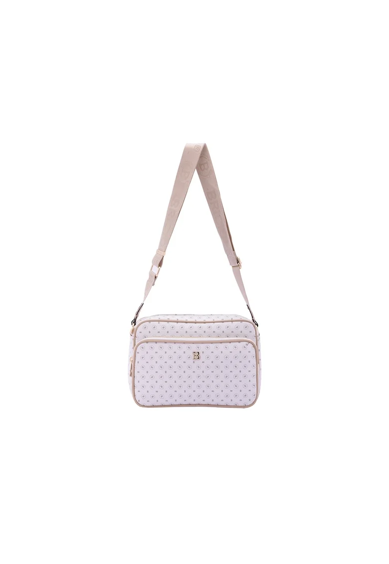 Geanta crossbody de piele ecologica cu model si bareta cu logo, Bej