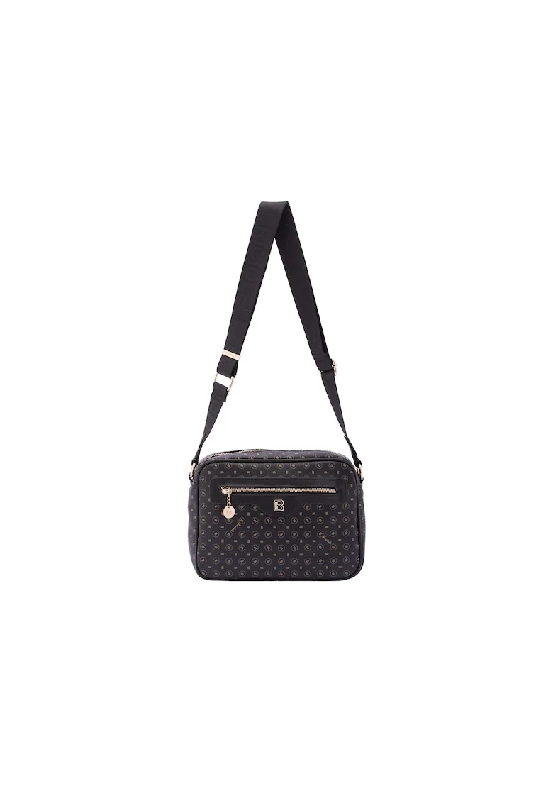 Geanta crossbody de piele ecologica cu model si buzunar frontal, Negru