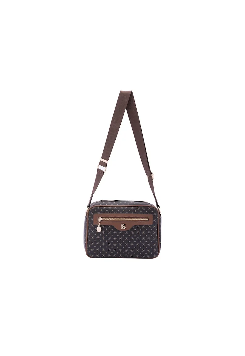 Geanta crossbody de piele ecologica cu model si buzunar frontal, Negru/Maro