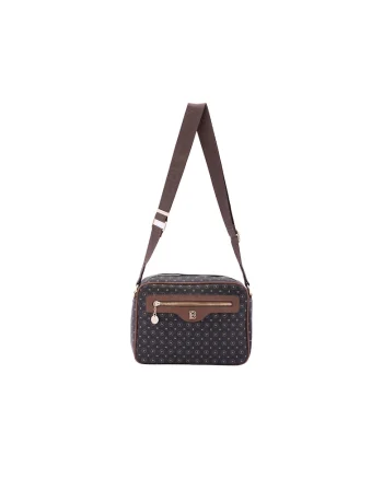 Geanta crossbody de piele ecologica cu model si buzunar frontal, Negru/Maro