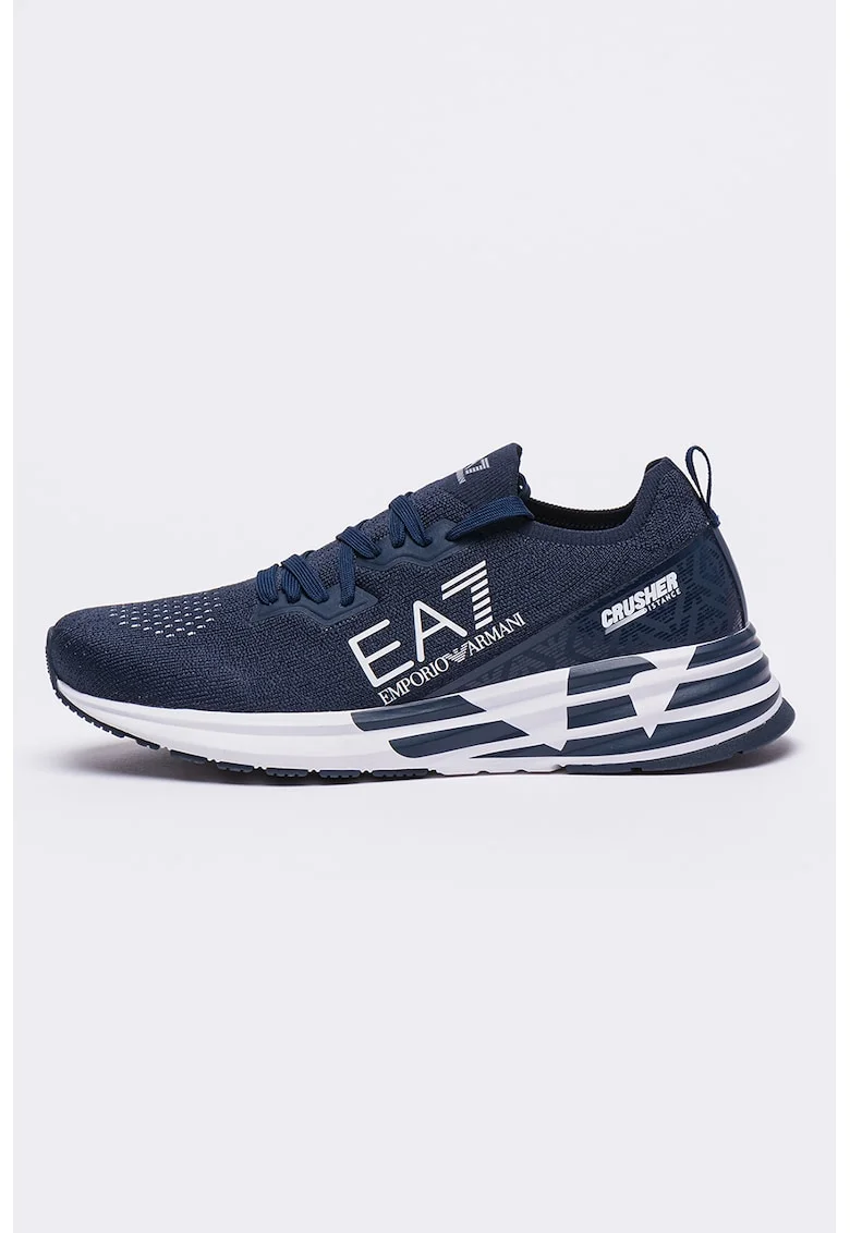 Pantofi sport slip-on cu logo in lateral, Alb/Bleumarin