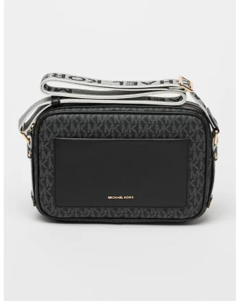 Geanta crossbody de piele ecologica cu model logo, Negru