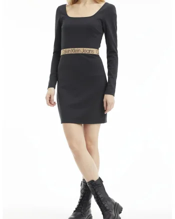 Rochie bodycon din amestec de modal cu banda logo in talie, Negru