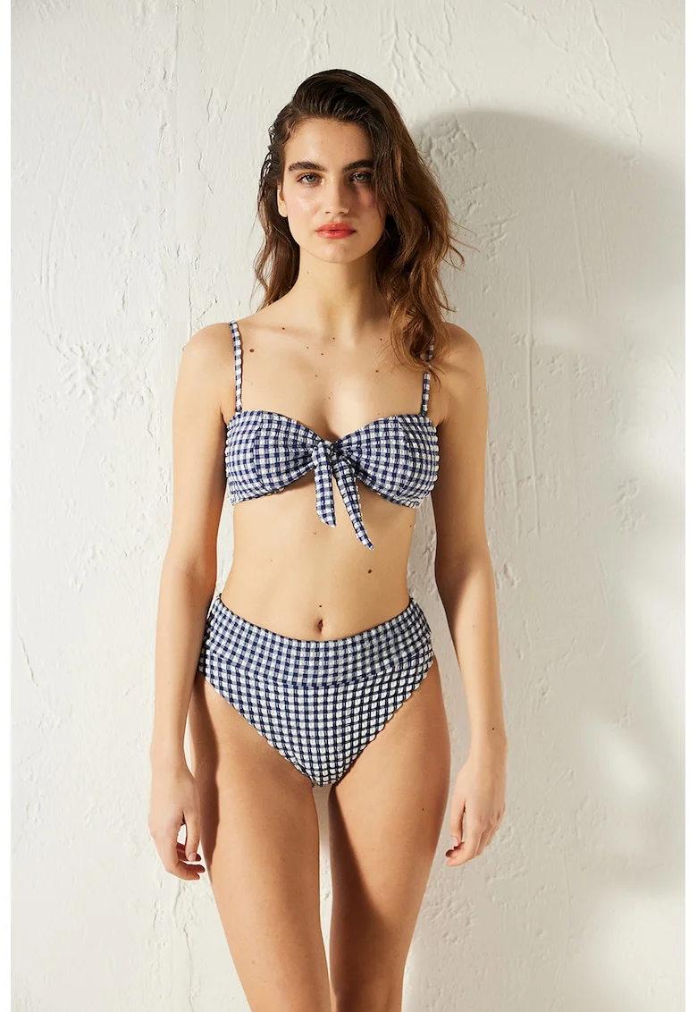 Sutien de baie cu model in carouri, Alb/Bleumarin