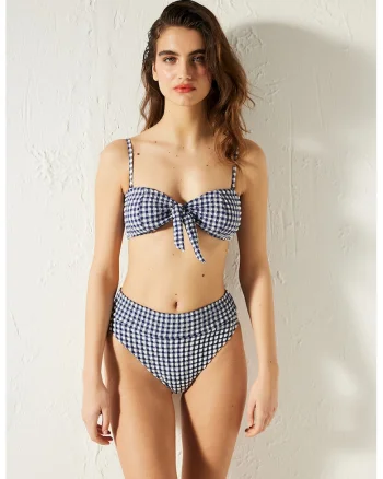 Sutien de baie cu model in carouri, Alb/Bleumarin