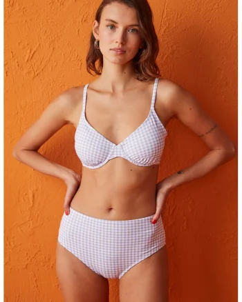 Sutien de baie cu model in carouri, Alb/Albastru lavanda