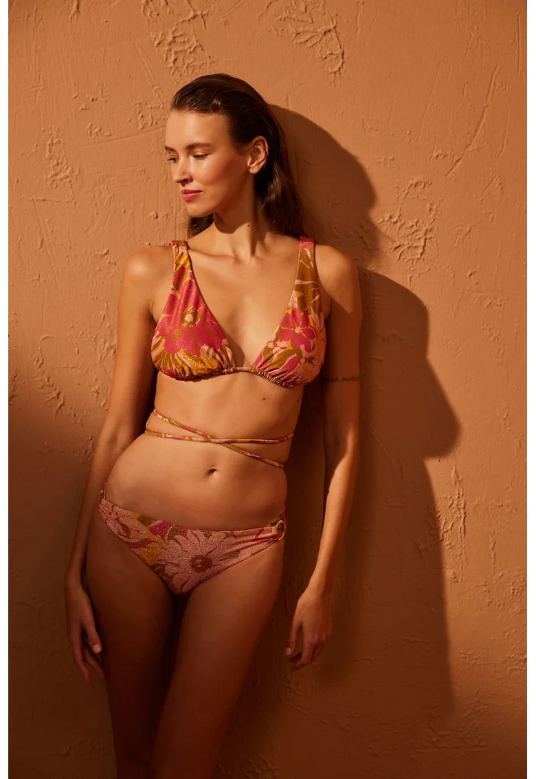Sutien de baie cu imprimeu tropical si aspect stralucitor, Auriu/Roz