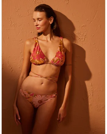 Sutien de baie cu imprimeu tropical si aspect stralucitor, Auriu/Roz