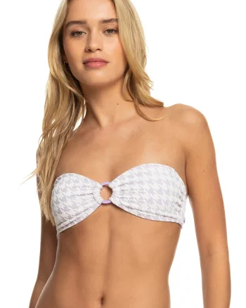 Sutien de baie cu model houndstooth si bretele detasabile Check It, Alb/Lila
