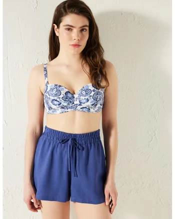 Sutien de baie cu model grafic, Alb/Albastru