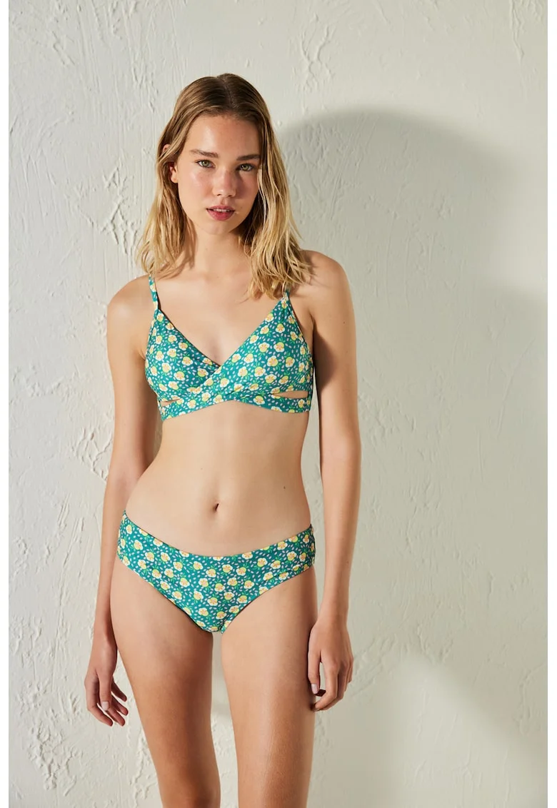 Sutien de baie triunghiular cu imprimeu floral, Verde/Galben/Lila