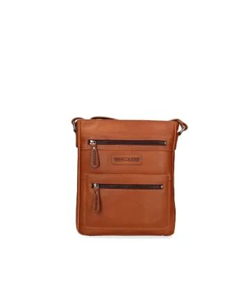 Geanta crossbody de piele cu buzunare exterioare si bareta ajustabila, Maro
