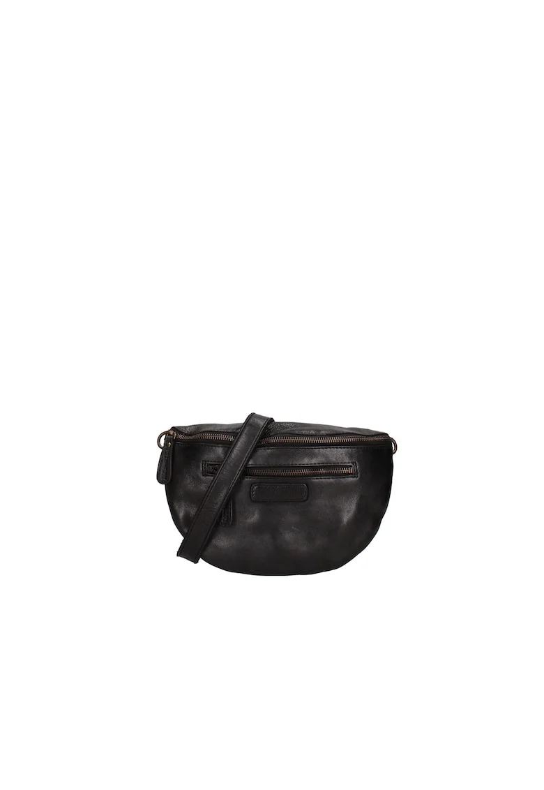 Geanta crossbody de piele cu buzunare fermoar, Negru