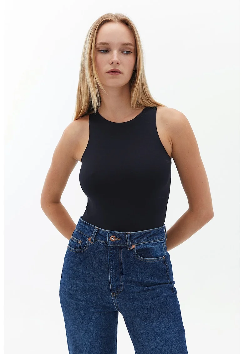 Body slim fit fara maneci, Negru
