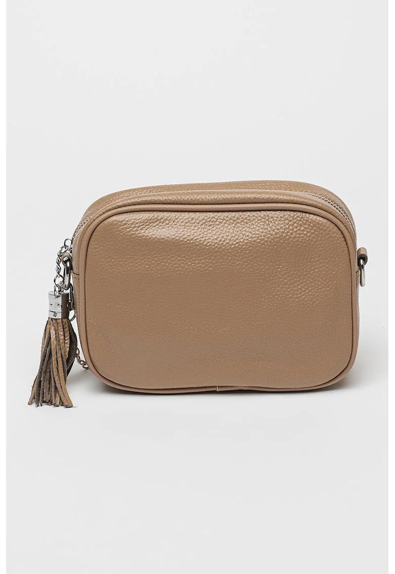 Geanta crossbody din piele cu accesoriu canaf, Maro taupe deschis