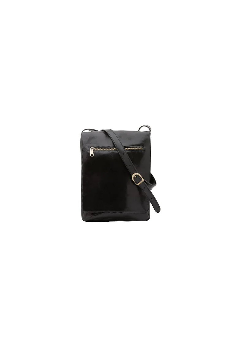 Geanta crossbody de piele cu clapa, Negru