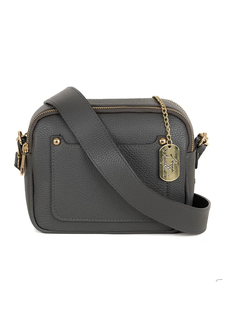 Geanta crossbody din piele cu bareta detasabila, Gri inchis
