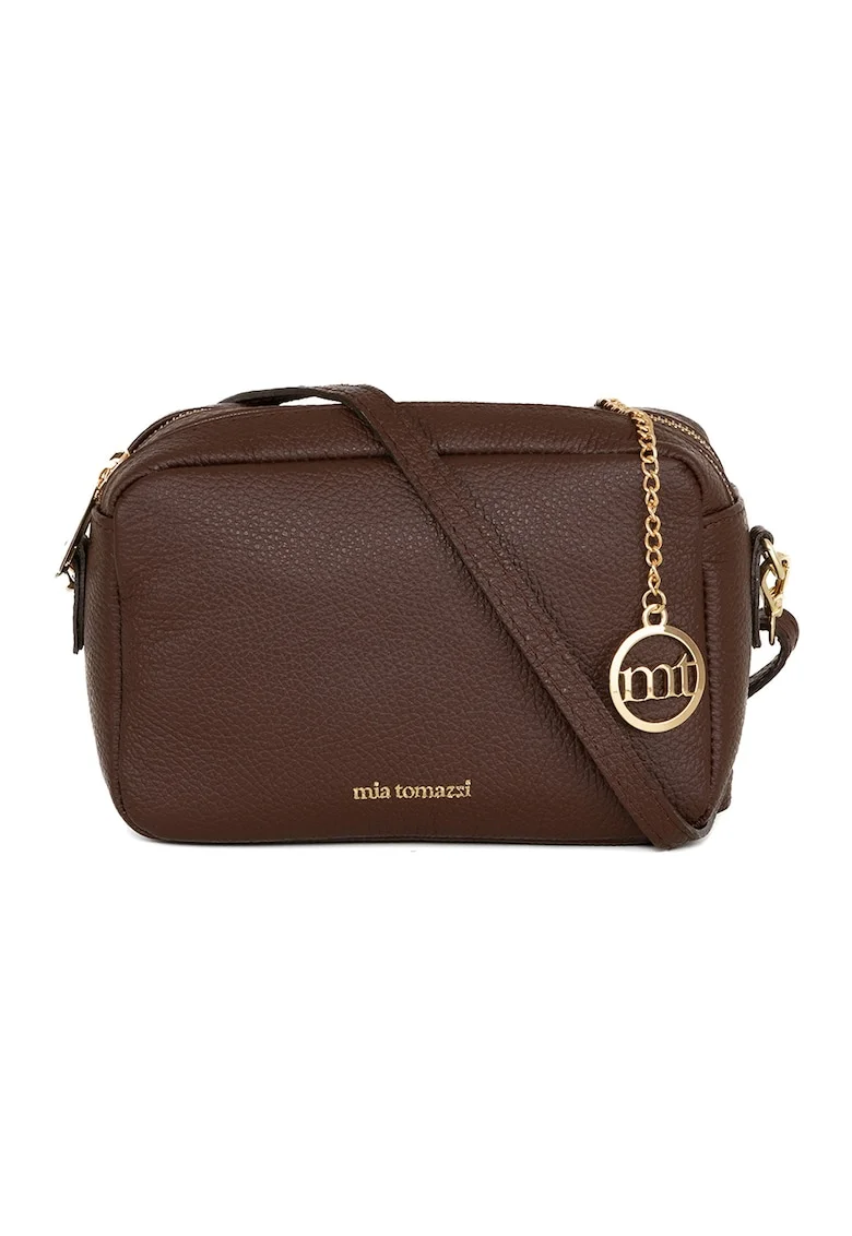 Geanta crossbody de piele cu 2 compartimente, Maro inchis