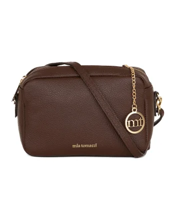 Geanta crossbody de piele cu 2 compartimente, Maro inchis