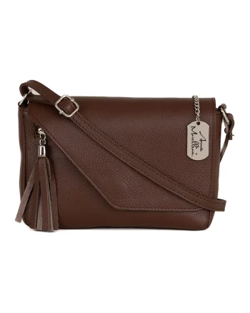Geanta crossbody din piele cu inchidere cu clapa, Maro