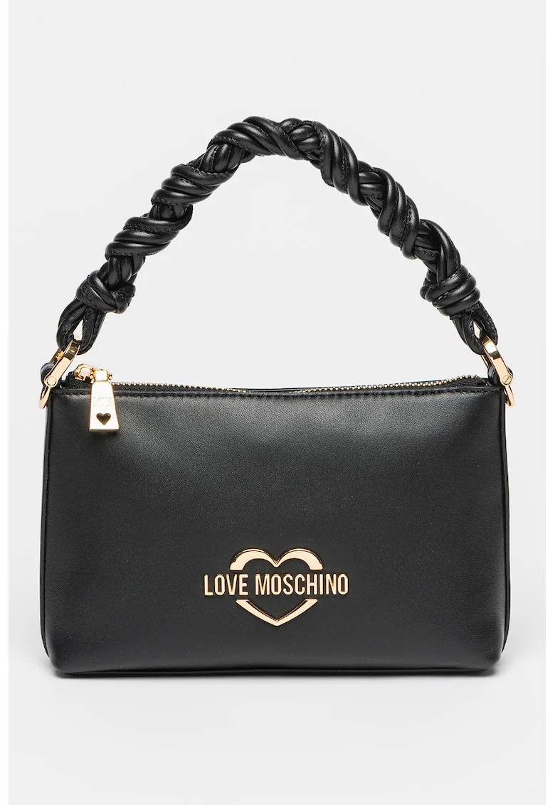 Geanta crossbody cu fermoar si logo, Negru