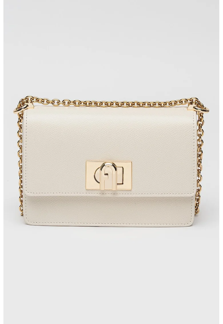 Geanta crossbody din piele cu bareta din lant si protectie pentru umar, Alb murdar