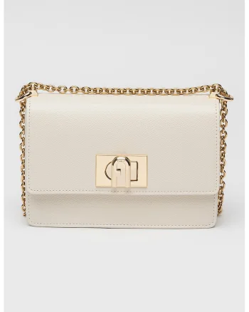Geanta crossbody din piele cu bareta din lant si protectie pentru umar, Alb murdar