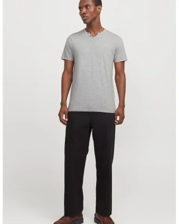 Tricou slim fit cu decolteu Henley Slipt, Gri melange